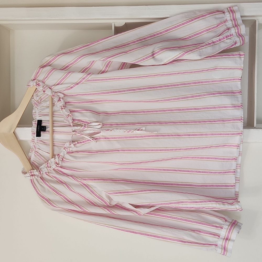 J. Crew Ruffle Neck Tie-Front Striped Blouse Cotton Popover Pink Tan Small - Picture 12 of 13